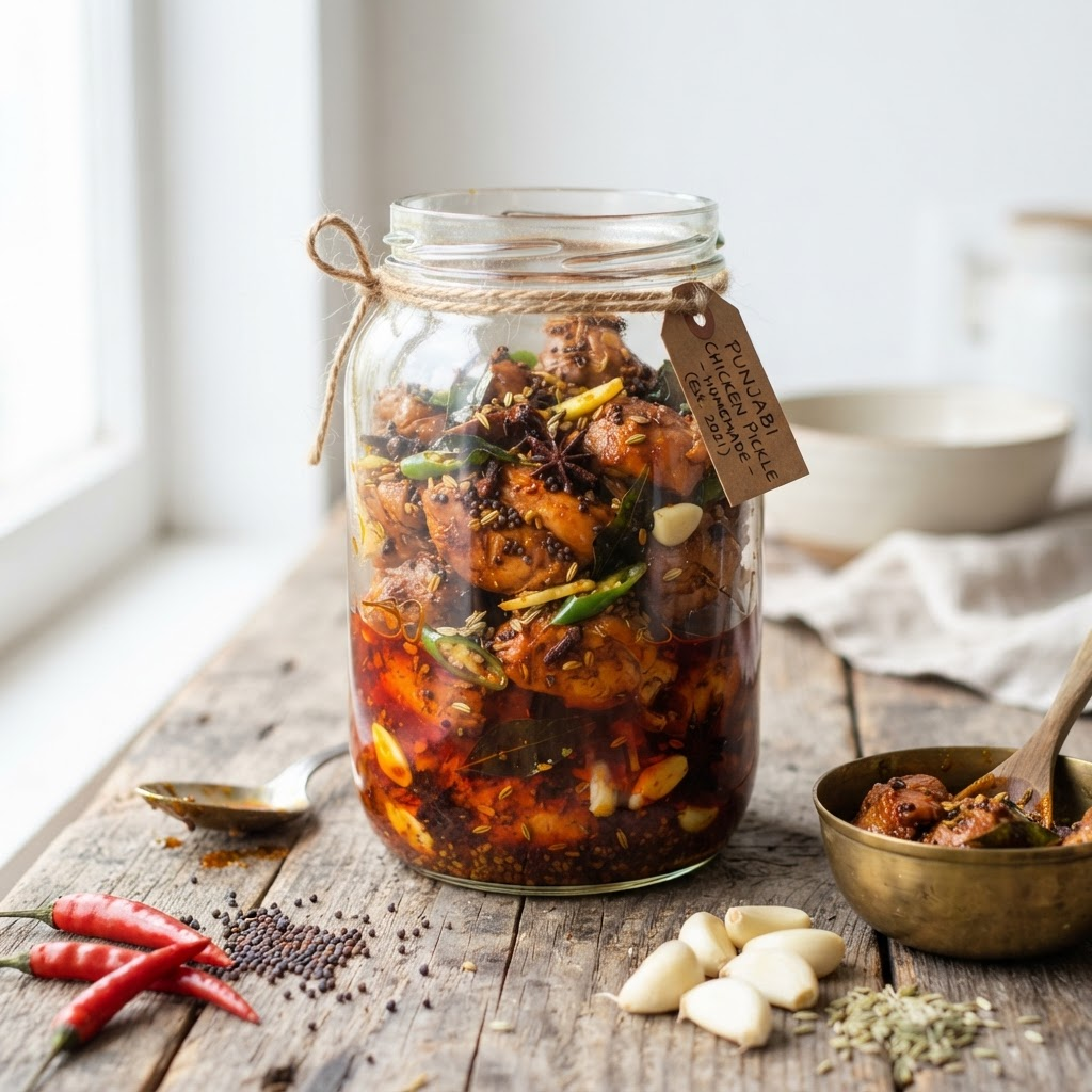 Jar of homemade Punjabi chicken pickle with rich red masala, whole spices and fresh chillies